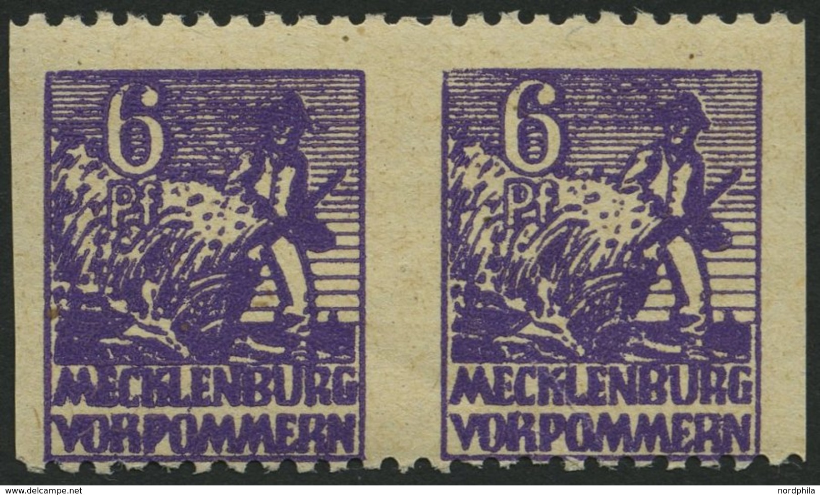 MECKLENBURG-VORPOMMERN 33ydUs Paar **, 1946, 6 Pf. Dunkelrotviolett, Graues Papier, Senkrecht Ungezähnt, Im Waagerechten - Other & Unclassified