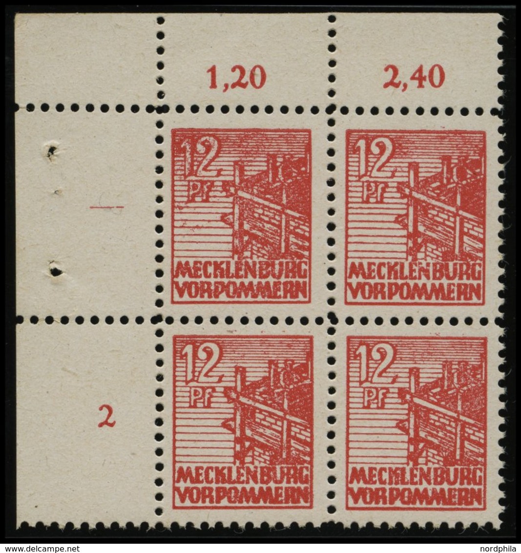 MECKLENBURG-VORPOMMERN 36xcc VB **, 1946, 12 Pf. Schwärzlichgraurot, Kreidepapier, Linker Oberer Eckrandviererblock, Pra - Other & Unclassified