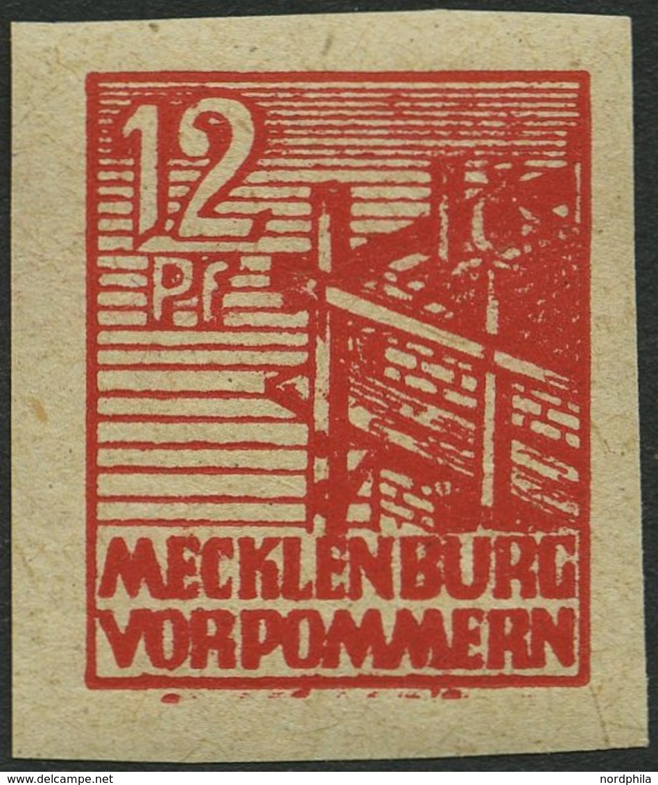 MECKLENBURG-VORPOMMERN 36ybU **, 1946, 12 Pf. Rot, Graues Papier, Ungezähnt, Pracht, Gepr. Kramp, Mi. 60.- - Otros & Sin Clasificación