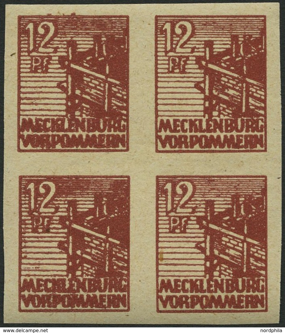 MECKLENBURG-VORPOMMERN 36ydU VB **, 1946, 12 Pf. Braunrot, Graues Papier, Ungezähnt, Im Viererblock, Pracht, R!, Fotoatt - Otros & Sin Clasificación