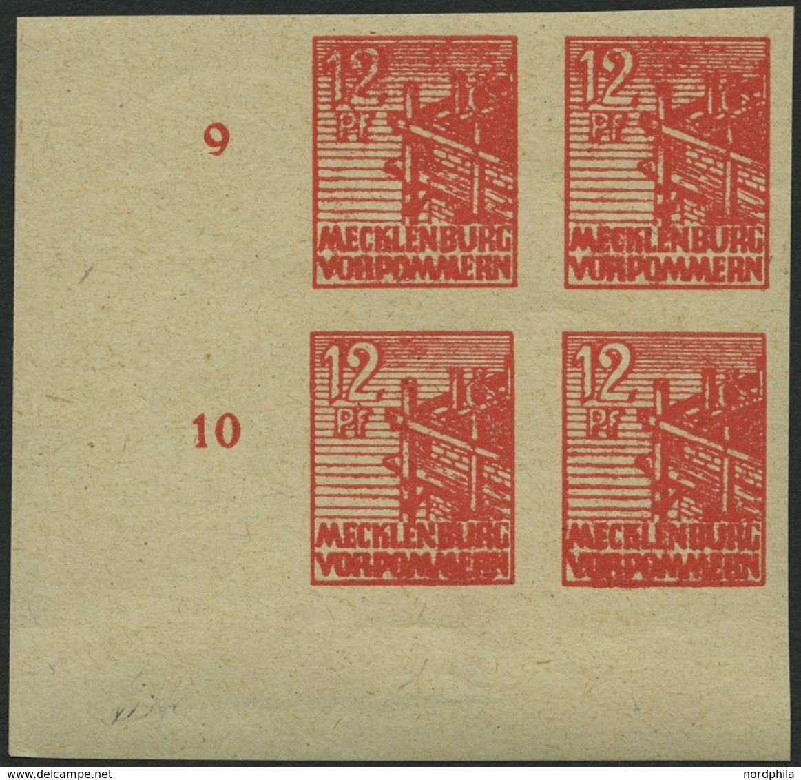 MECKLENBURG-VORPOMMERN 36yeU VB **, 1946, 12 Pf. Orangerot, Graues Papier, Ungezähnt, Im Unteren Linken Eckrandviererblo - Other & Unclassified