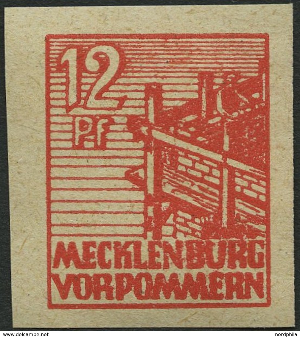 MECKLENBURG-VORPOMMERN 36yeU **, 1946, 12 Pf. Orangerot, Graues Papier, Ungezähnt, Pracht, Gepr. Kramp, Mi. 120.- - Other & Unclassified