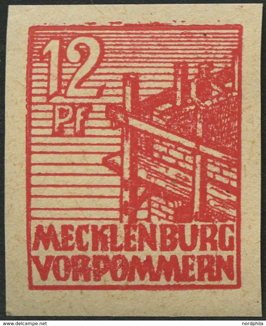 MECKLENBURG-VORPOMMERN 36zbU **, 1946, 12 Pf. Rot, Dünnes Papier, Ungezähnt, Pracht, Gepr. Kramp, Mi. 450.- - Autres & Non Classés
