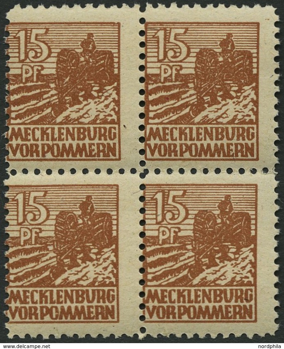 MECKLENBURG-VORPOMMERN 37ybb VB **, 1946, 15 Pf. Schwärzlichgelbbraun, Graues Papier, Im Viererblock, Pracht, Gepr. Kram - Autres & Non Classés