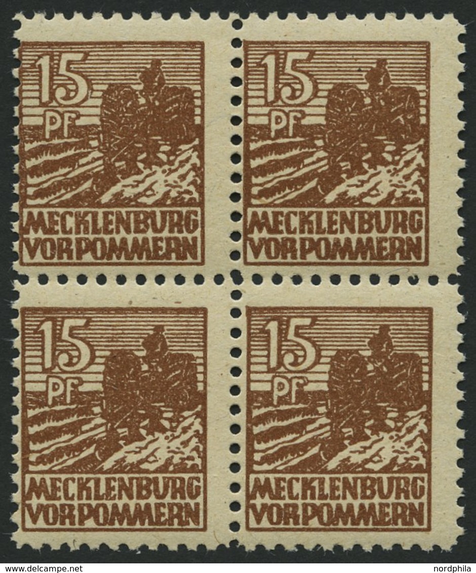 MECKLENBURG-VORPOMMERN 37yd VB **, 1946, 15 Pf. Mittelsiena, Graues Papier, Im Viererblock, Pracht, Gepr. Kramp, Mi. 320 - Otros & Sin Clasificación