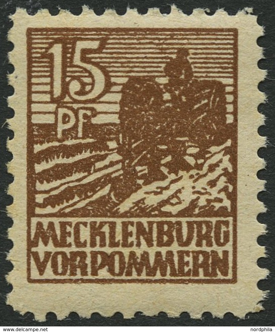 MECKLENBURG-VORPOMMERN 37yd **, 1946, 15 Pf. Mittelsiena, Graues Papier, Pracht, Gepr. Kramp, Mi. 80.- - Autres & Non Classés