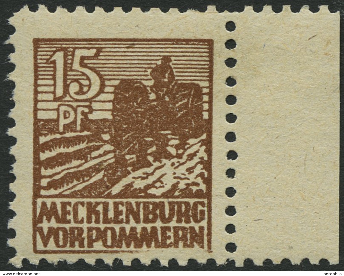 MECKLENBURG-VORPOMMERN 37ydIII **, 1946, 15 Pf. Mittelsiena, Graues Papier, Plattenfehler III, üblich Gezähnt Pracht, Ge - Autres & Non Classés