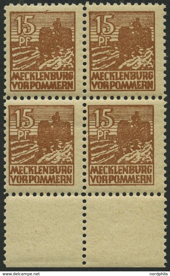 MECKLENBURG-VORPOMMERN 37za VB **, 1946, 15 Pf. Gelbbraun, Dünnes Papier, Im Viererblock Vom Unterrand, Pracht, Gepr. Th - Otros & Sin Clasificación