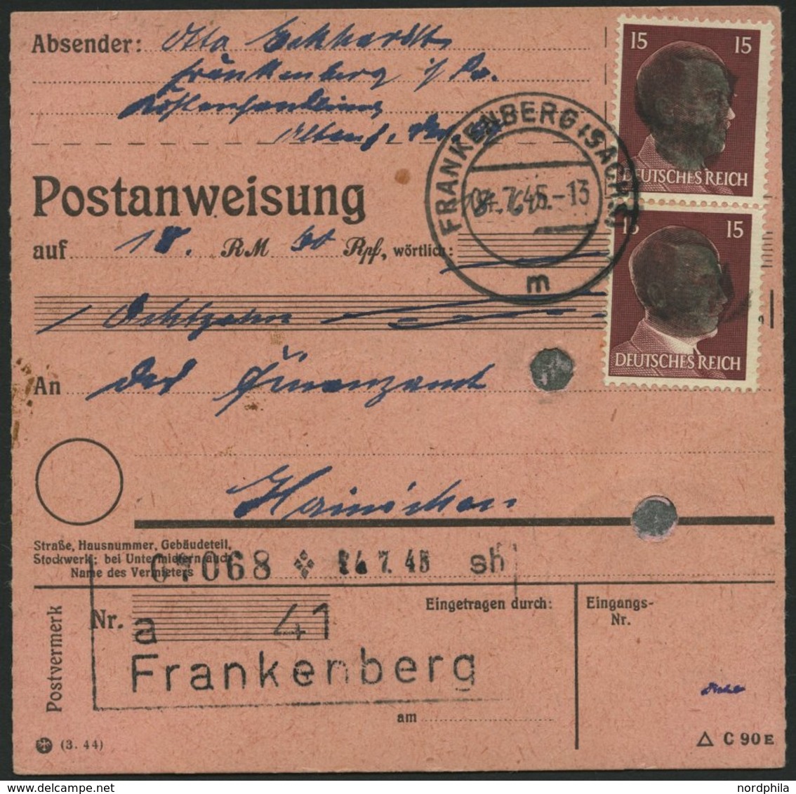 SÄCHSISCHE SCHWÄRZUNGEN AP 789I Paar BRIEF, FRANKENBERG, 15 Pf. Im Senkrechten Paar Auf Postanweisung, Pracht - Autres & Non Classés