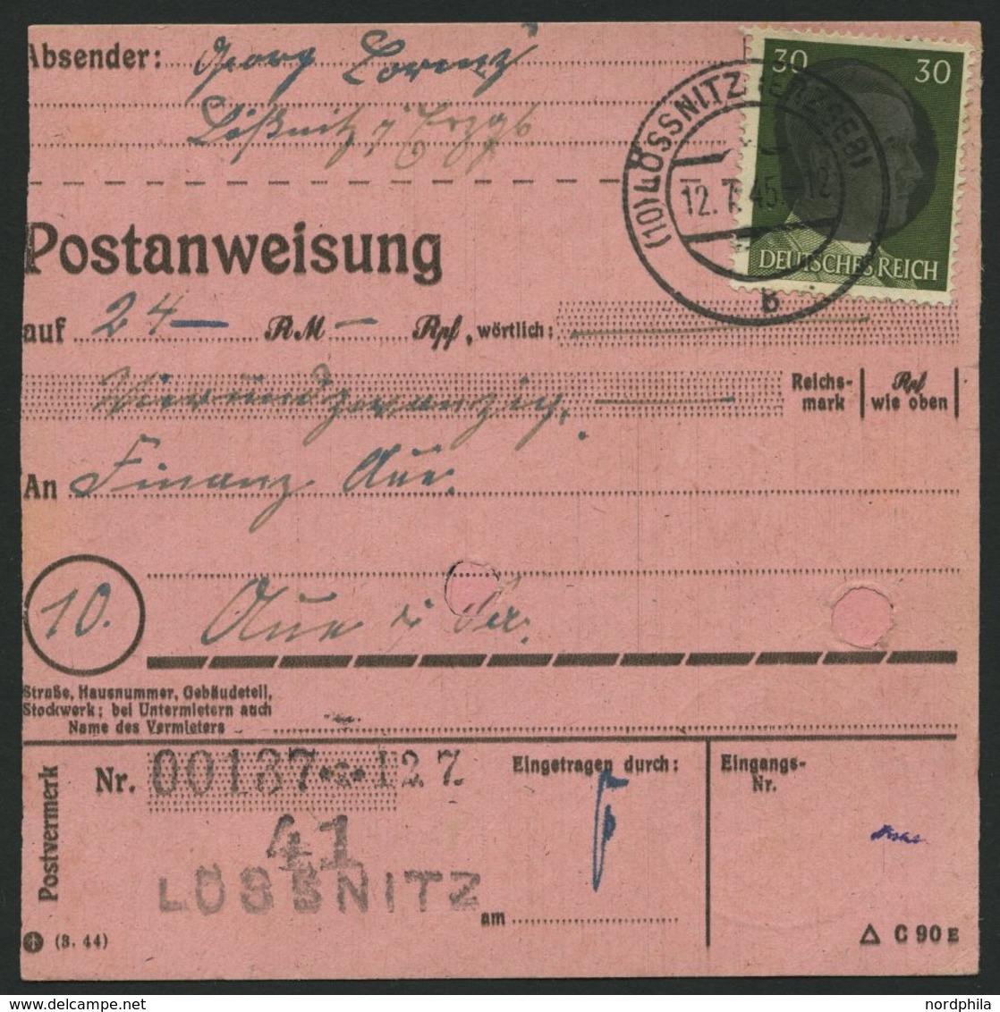 SÄCHSISCHE SCHWÄRZUNGEN AP 794I BRIEF, LÖSSNITZ, 20 Pf. Auf Postanweisung, Zugeklebte Lochung, Pracht, Signiert - Autres & Non Classés