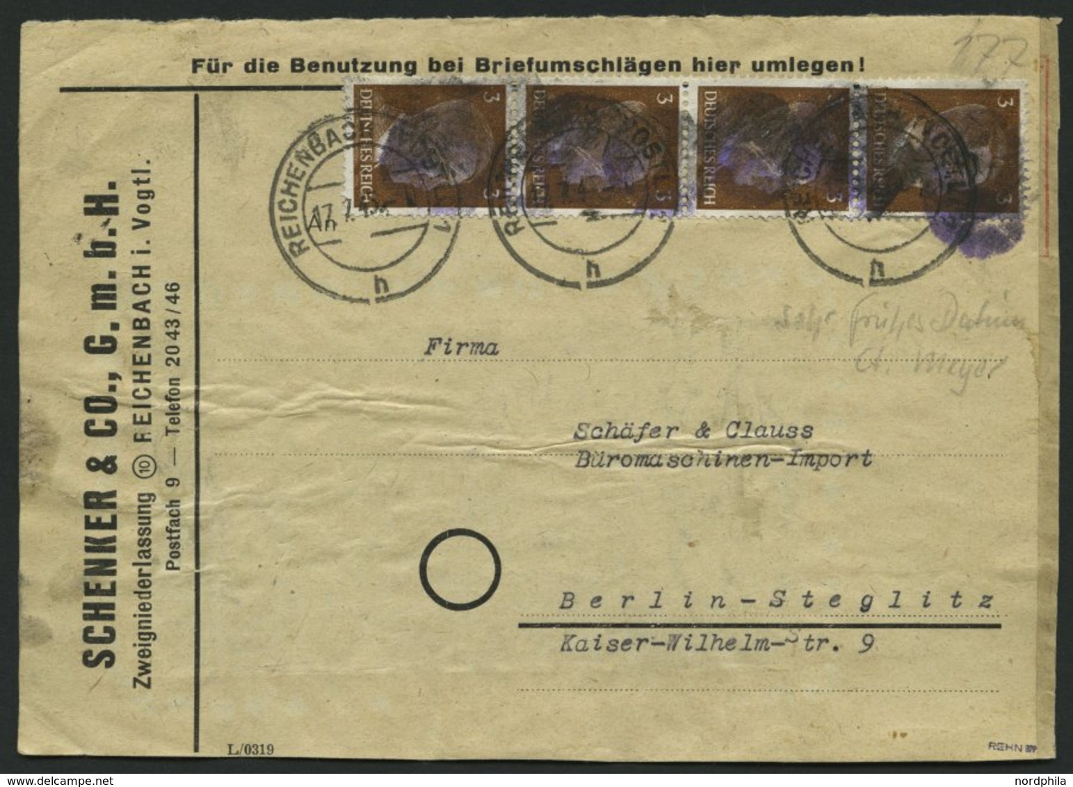 SÄCHSISCHE SCHWÄRZUNGEN AP 782I BrfStk, REICHENBACH, 3 Pf. Im Senkrechten Viererstreifen Auf Briefvorderseite, Feinst, G - Altri & Non Classificati