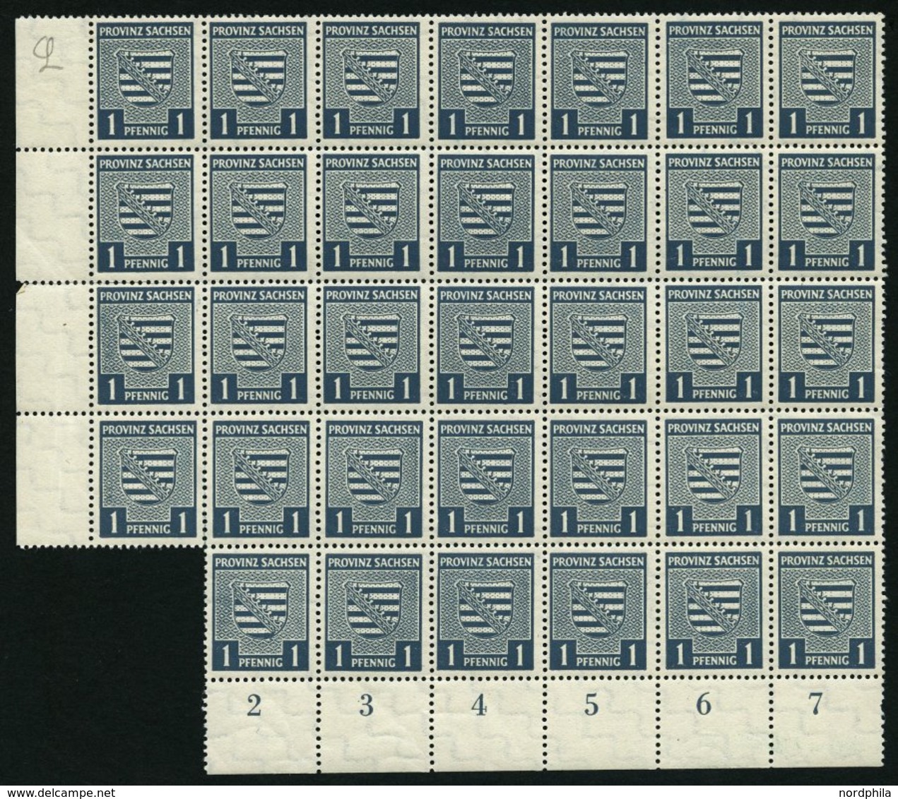 PROVINZ SACHSEN 73Yy **, 1945, 1 Pf. Schwärzlichgrünlichblau, Wz. 1Y, Fluoreszierende Gummierung, 34x Im Bogenteil, Prac - Other & Unclassified