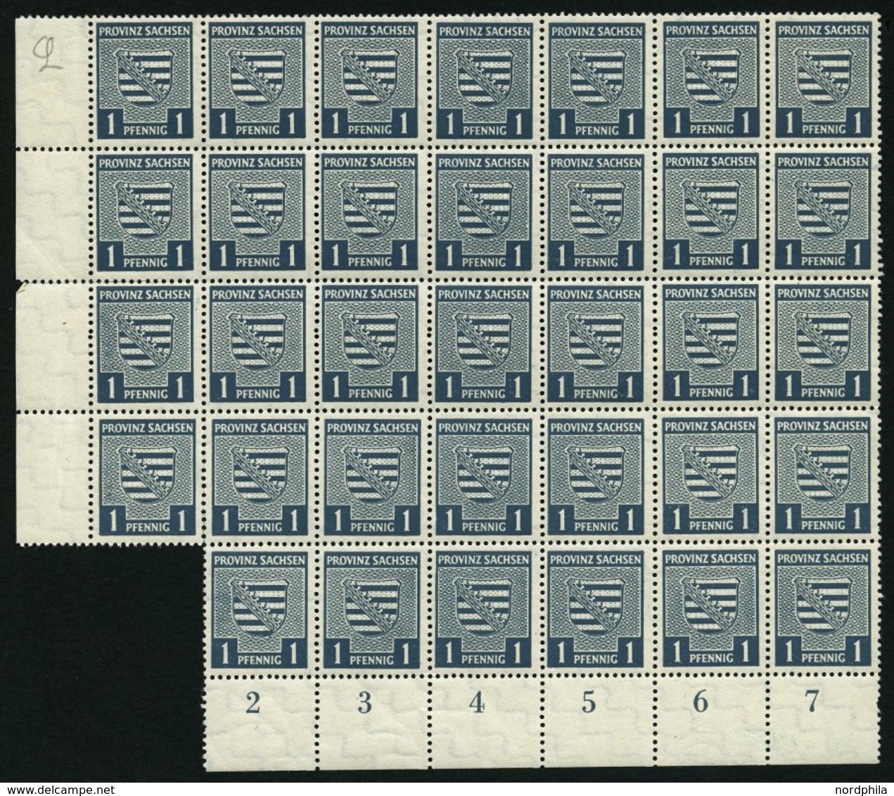 PROVINZ SACHSEN 73Yy **, 1945, 1 Pf. Schwärzlichgrünlichblau, Wz. 1Y, Fluoreszierende Gummierung, 34x Im Bogenteil, Prac - Altri & Non Classificati