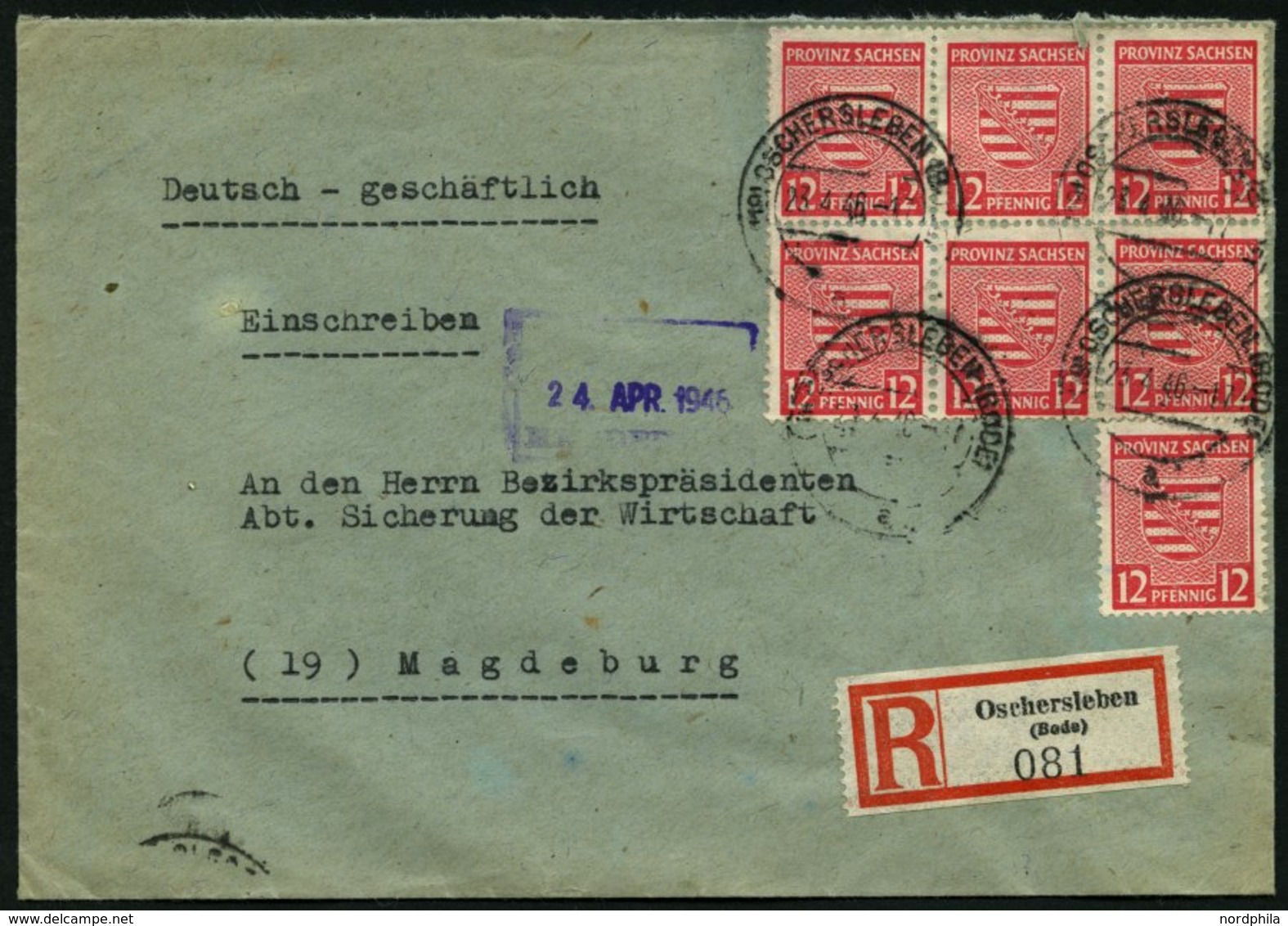 PROVINZ SACHSEN 79Xa BRIEF, 1946, 12 Pf. Dunkelrosarot, Wz. 1X, 7x Auf Einschreibbrief Aus OSCHERSLEBEN, Pracht - Andere & Zonder Classificatie