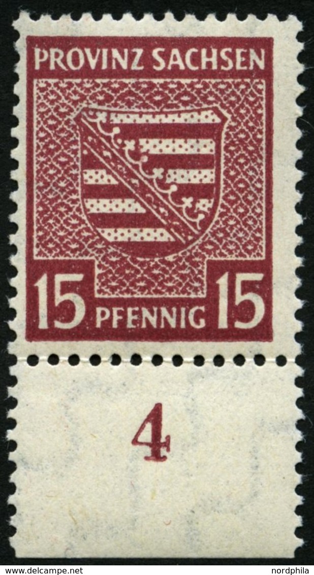 PROVINZ SACHSEN 80Xa **, 1945, 15 Pf. Mittellilakarmin, Wz. 1X, Unterrandstück, Pracht, Mi. 250,- - Other & Unclassified