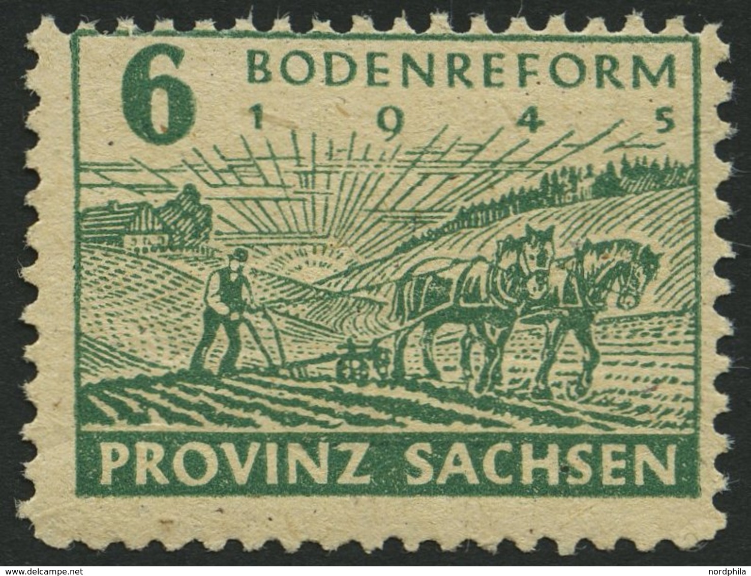 PROVINZ SACHSEN 85yaA **, 1945, 6 Pf. Grün Fallende Papierstreifung, Vierseitig Gezähnt, Pracht, Gepr. Dr. Jasch, Mi. 11 - Andere & Zonder Classificatie