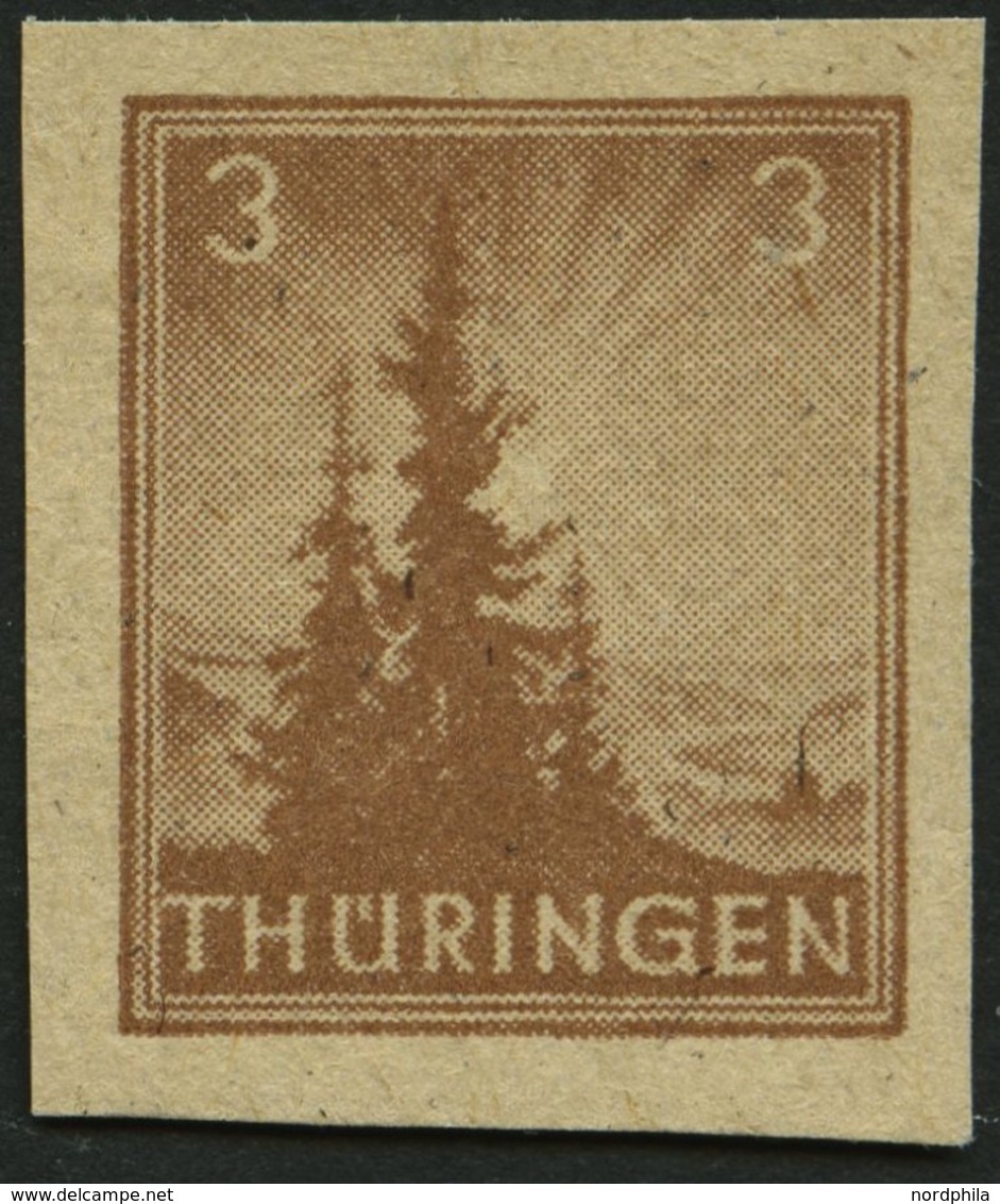 THÜRINGEN 92AYz2U **, 1946, 3 Pf. Orangebraun, Spargummierung, Dickes Papier, Fallende Papierstreifung, Ungezähnt, Prach - Altri & Non Classificati