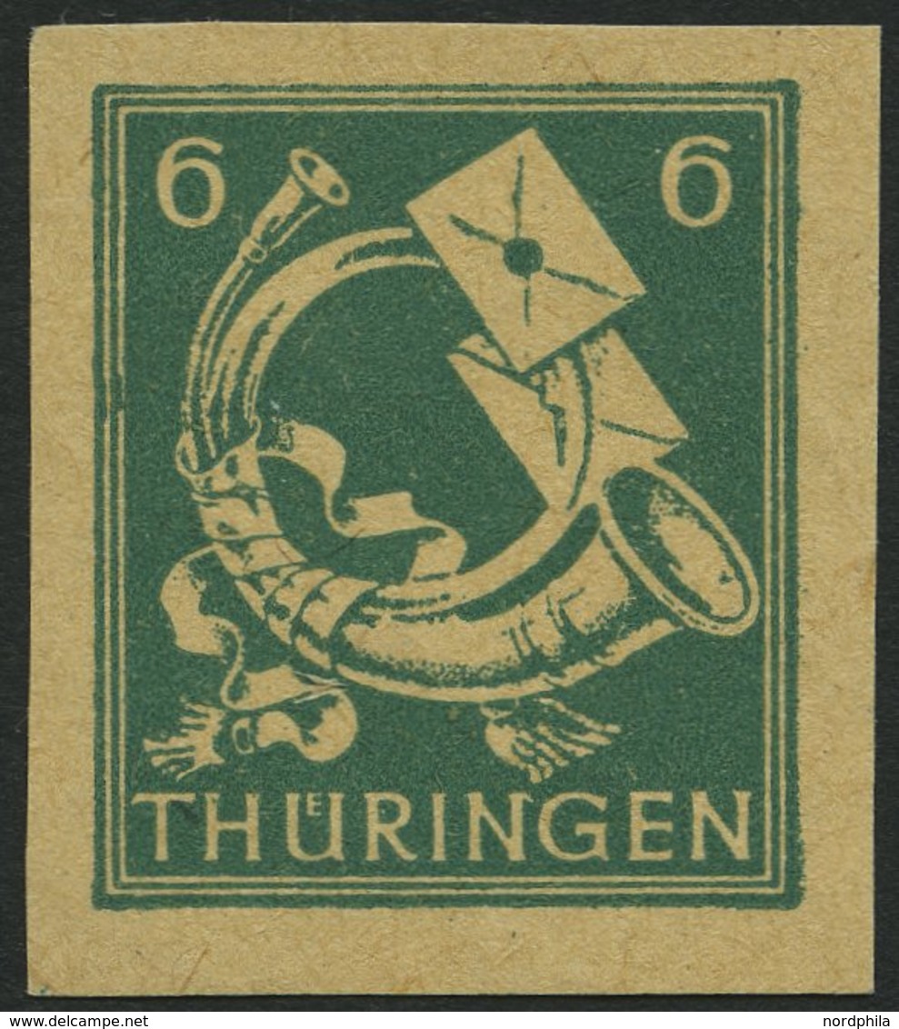 THÜRINGEN 95AYbyU **, 1945, 6 Pf. Schwärzlichbläulichgrün, Spargummierung, Gelblichgraues Papier, Ungezähnt, Pracht, Mi. - Altri & Non Classificati