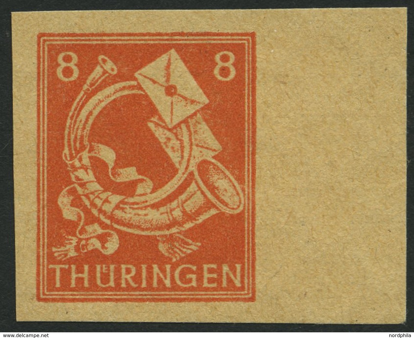 THÜRINGEN 96AYyU **, 1945, 8 Pf. Rotorange, Spargummierung, Gelblichgraues Papier, Ungezähnt, Rechtes Randstück, Pracht, - Andere & Zonder Classificatie