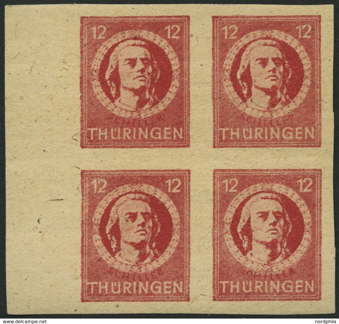 THÜRINGEN 97AXaqU VB **, 1945, 12 Pf. Karminrot, Vollgummierung, Ungezähnt, Im Randviererblock, Pracht, Gepr. Herpichböh - Autres & Non Classés