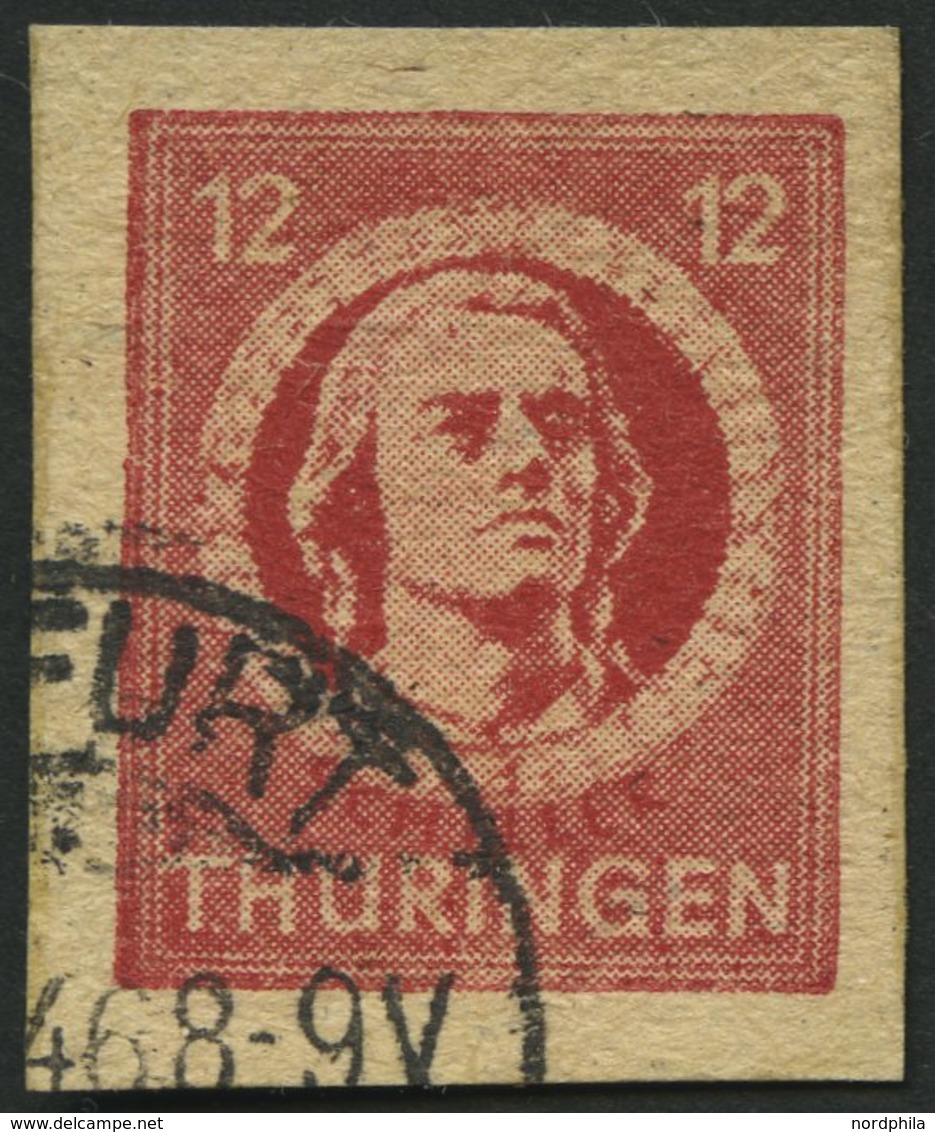 THÜRINGEN 97AXaqU O, 1945, 12 Pf. Karminrot, Vollgummierung, Graues Kartonpapier, Ungezähnt, Pracht, Gepr. Ströh, Mi. 12 - Altri & Non Classificati