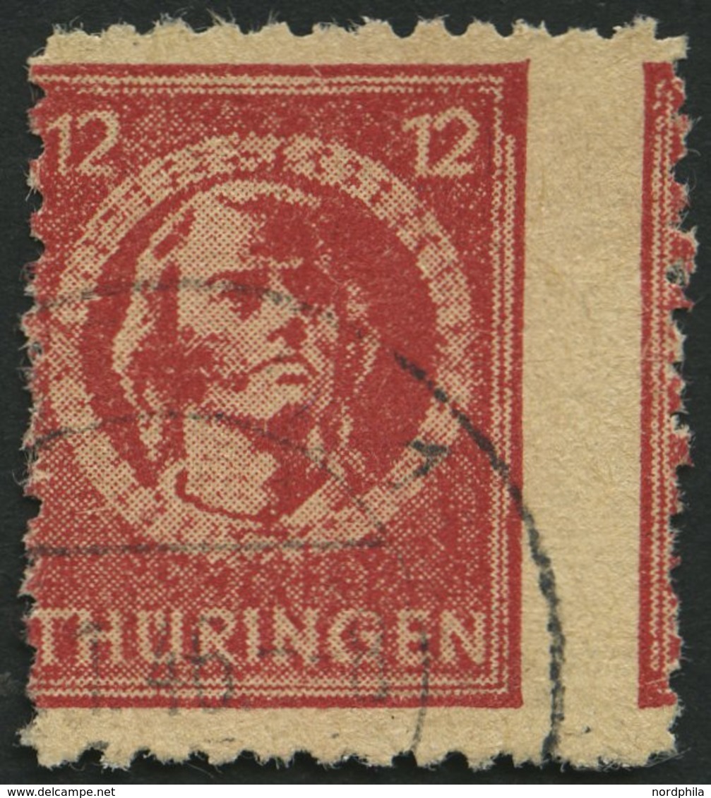 THÜRINGEN 97AXar O, 1945, 12 Pf. Karminrot, Vollgummierung, Hellchromgelbes Papier, Dicke Gummierung, Feinst (kleiner Za - Autres & Non Classés