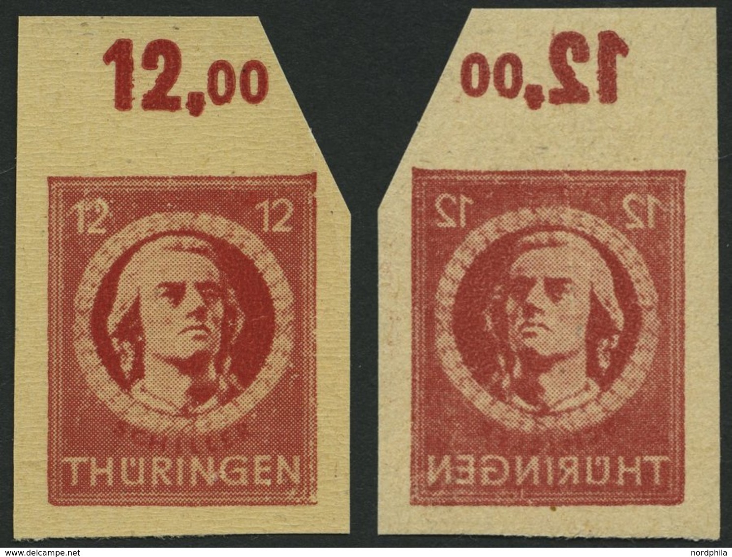 THÜRINGEN 97AXbp1UG **, 1945, 12 Pf. Dunkelbräunlichrot, Vollgummierung, Dickes Papier, Steigende Papierstreifung, Ungez - Altri & Non Classificati