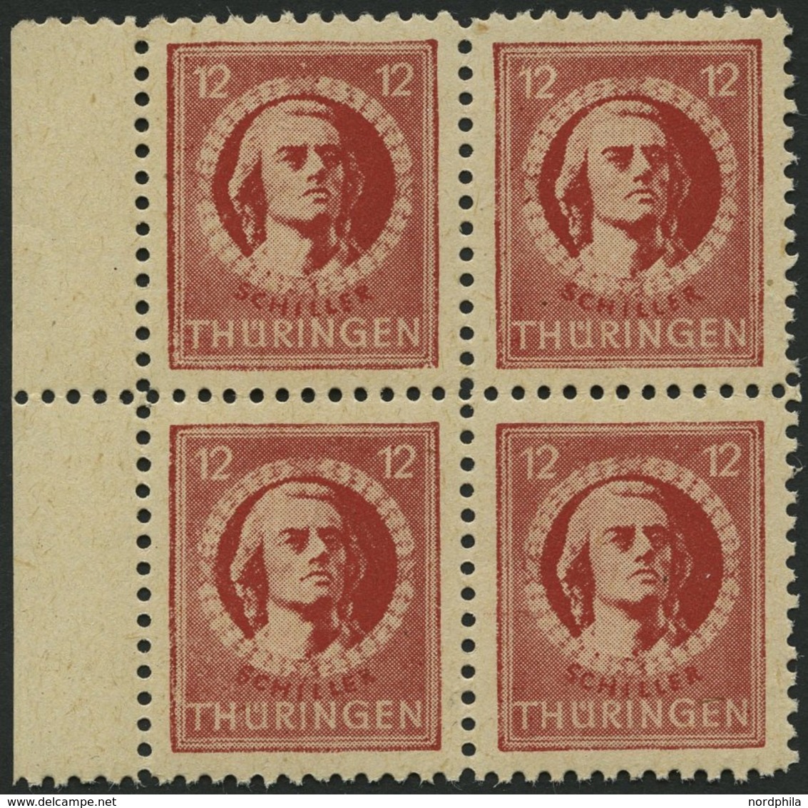 THÜRINGEN 97AXbt VB **, 1945, 12 Pf. Dunkelbräunlichrot, Gelblichgraues Papier, Im Randviererblock, Pracht, Gepr. Ströh, - Sonstige & Ohne Zuordnung