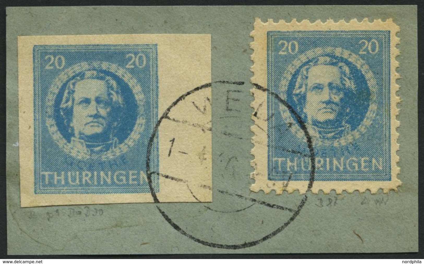 THÜRINGEN 98BXp1 BrfStk, 1945, 20 Pf. Preußischblau, Ungezähnt, Vollgummierung, Dickes Papier, Steigende Papierstreifung - Other & Unclassified