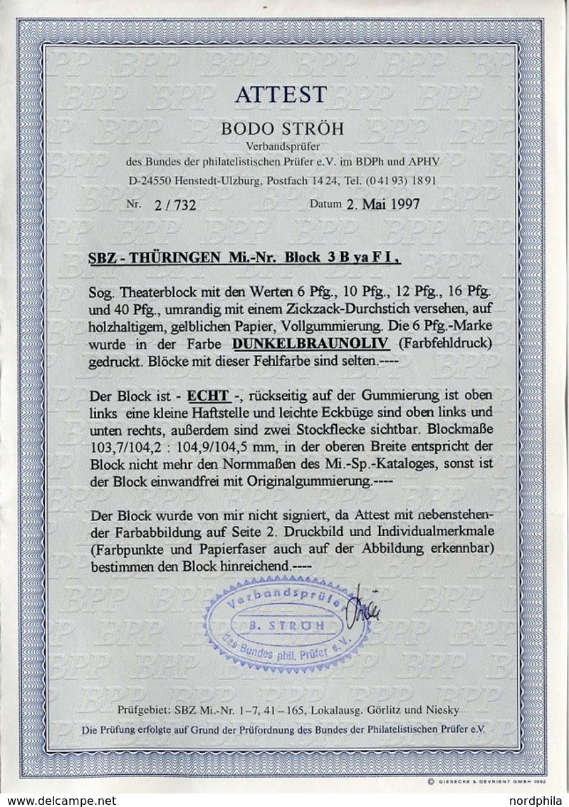 THÜRINGEN Bl. 3Bbya *, 1946, Block Nationaltheater, Durchstochen, Mi.Nr. 107 In Bräunlicholiv, Falzrest, Feinst (kleine  - Andere & Zonder Classificatie