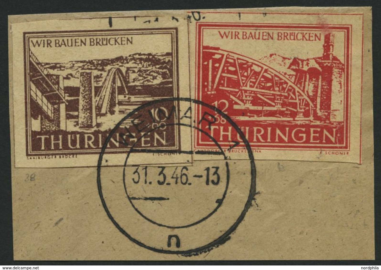 THÜRINGEN 113by BrfStk, 1946, 12 Pf. Rot Wiederaufbau, Mit Nr. 112y Auf Briefstück, Feinst, Gepr. Schulz, Mi. 312.- - Andere & Zonder Classificatie