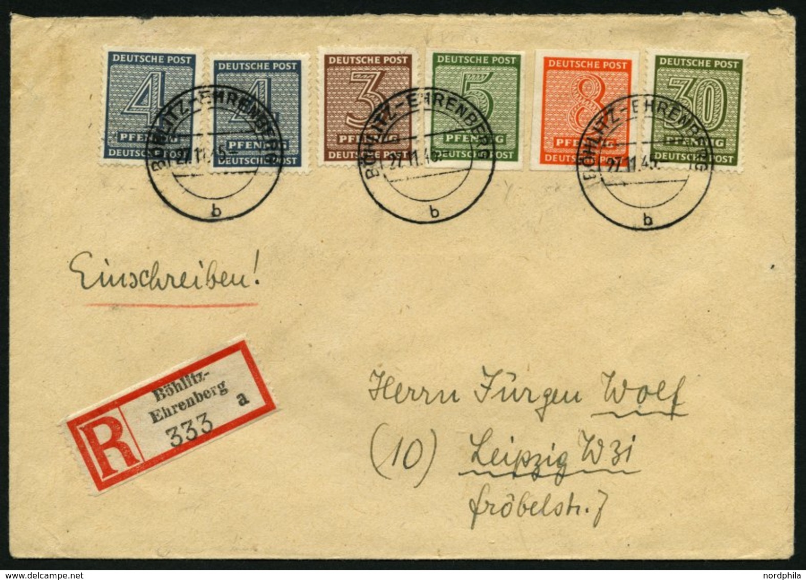 WEST-SACHSEN 116Y BRIEF, 1945, 5 Pf. Schwärzlicholivgrün, Wz. 1Y, Mit Zusatzfrankatur Auf Einschreibbrief Aus BÖHLITZ-EH - Andere & Zonder Classificatie