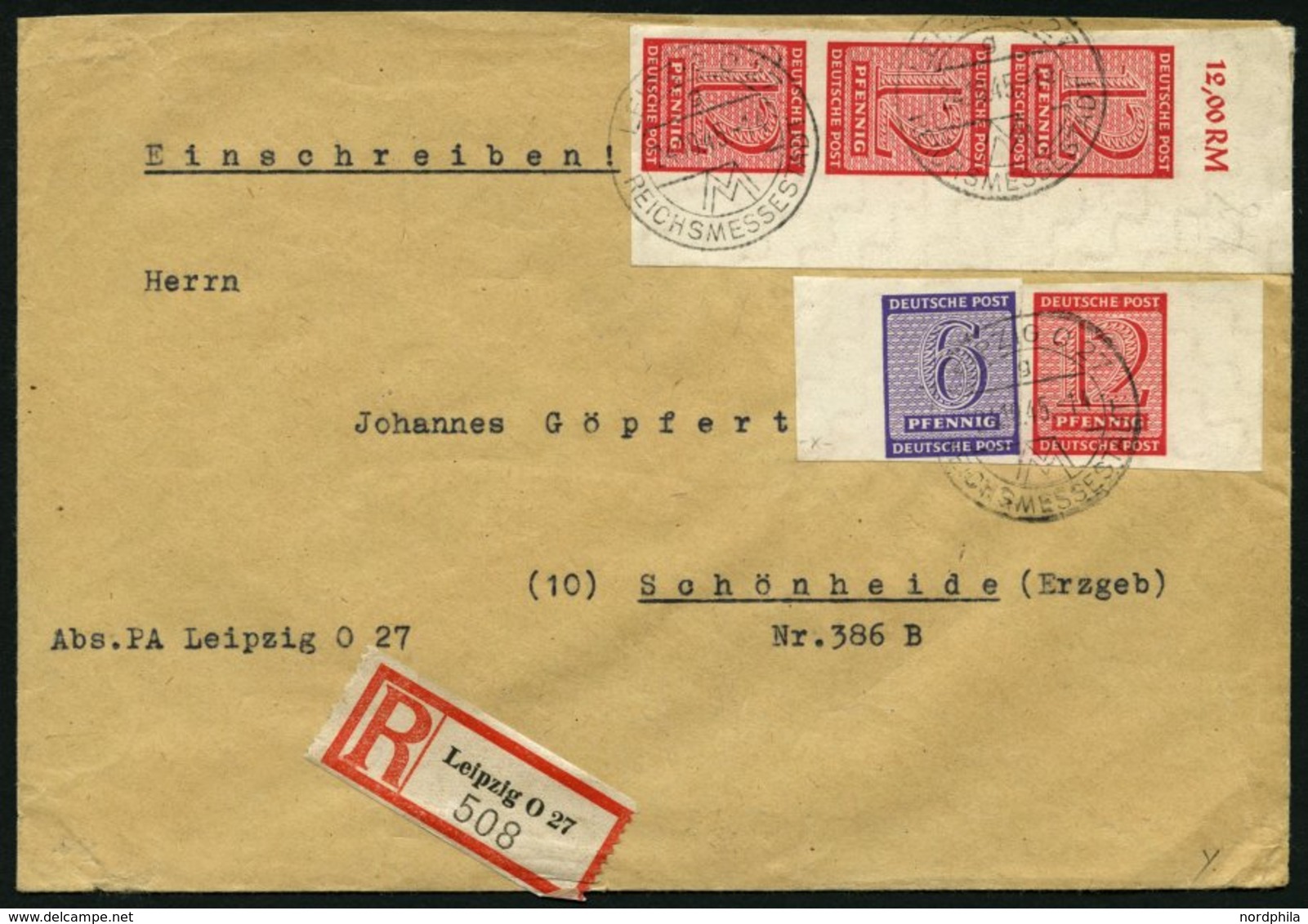 WEST-SACHSEN 119Y BRIEF, 1945, 12 Pf. Lebhaftkarminrot, Wz. 1Y, 4x Mit 6 Pf. Zusatzfrankatur Auf Einschreibbrief Von LEI - Altri & Non Classificati