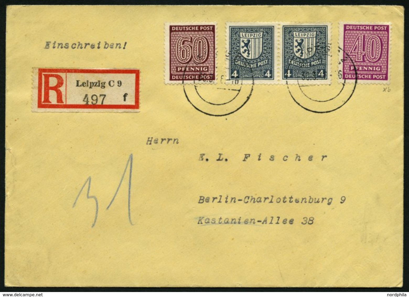 WEST-SACHSEN 136Xb,137Xa BRIEF, 1945, 40 Pf. Dunkelrotlila Und 60 Pf. Karmin, Wz. 1X, Mit 2x Mi.Nr. 151Y Auf Einschreibb - Autres & Non Classés