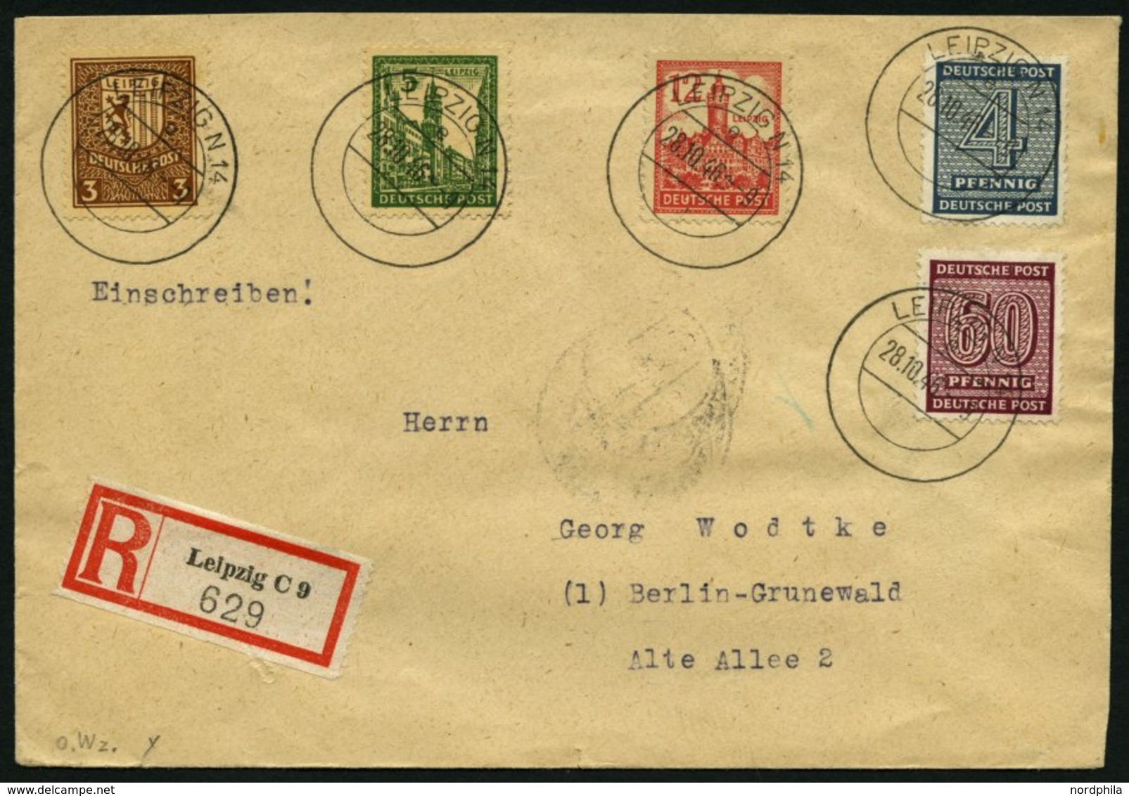 WEST-SACHSEN 137Xa BRIEF, 1945, 60 Pf. Braunkarmin, Wz. 1X, Mit Zusatzfrankatur (u.a. Nr. 156,158 Und 161X) Auf Einschre - Andere & Zonder Classificatie