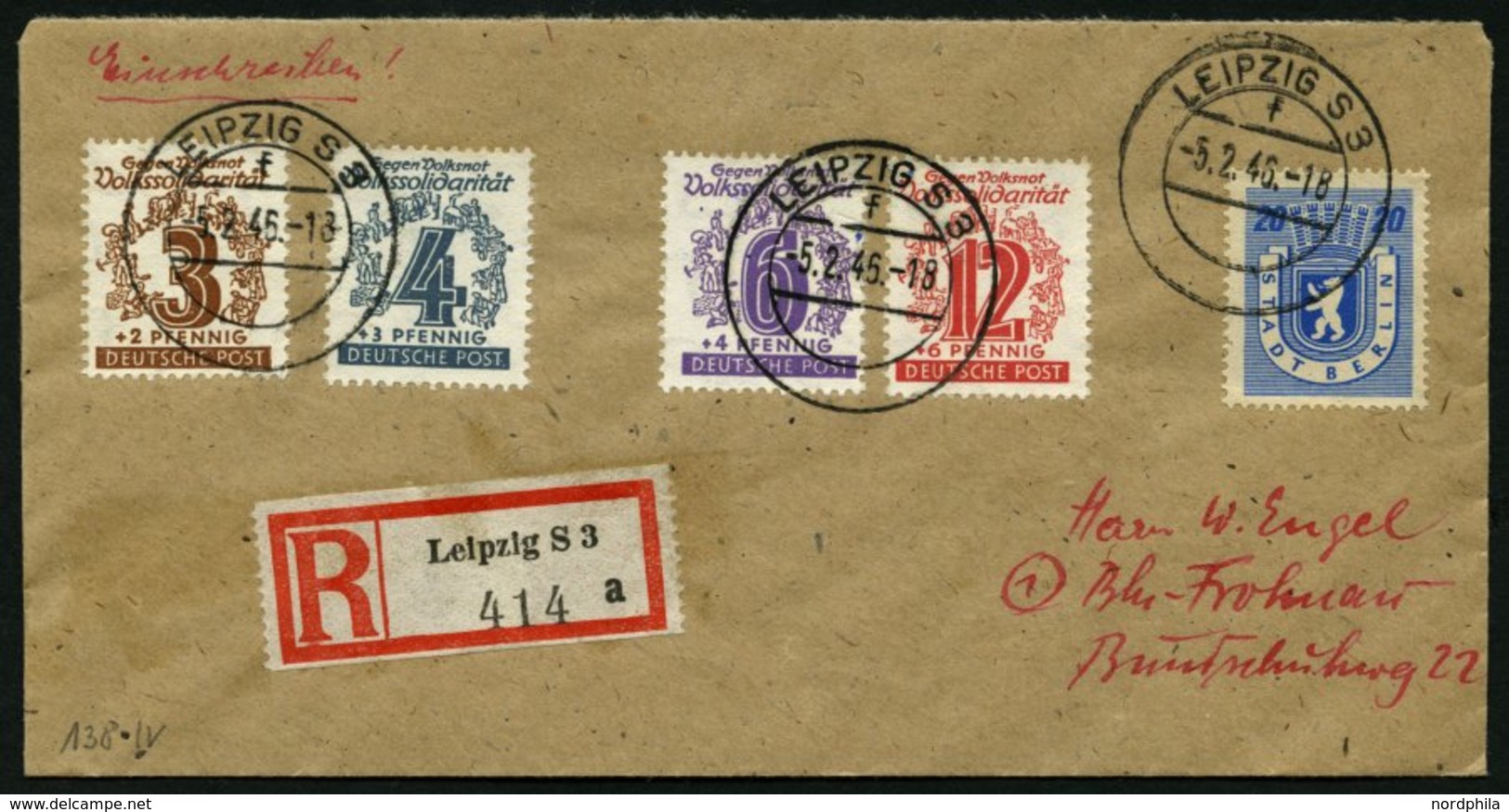 WEST-SACHSEN 138IV BRIEF, 1946, 3 Pf. Volkssolidarität Mit Zusatzfrankatur Auf Einschreibbrief, Pracht - Autres & Non Classés