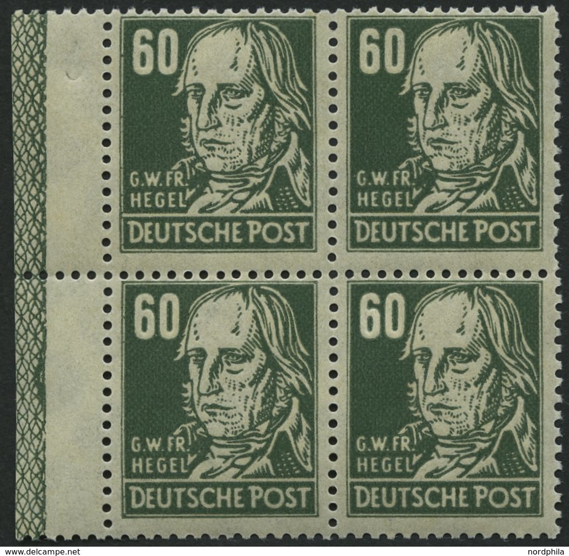 ALLGEMEINE-AUSGABEN 225b VB **, 1948, 60 Pf. Dunkelgraugrün Hegel Im Randviererblock Mit Randleiste, Pracht - Autres & Non Classés