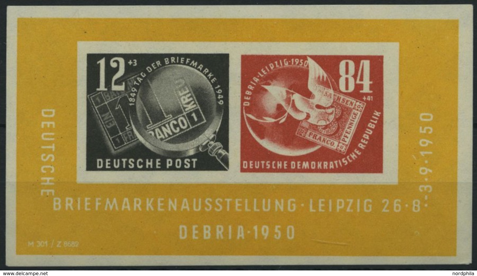 DDR Bl. 7 PF III **, 1950, Block Debria Mit Abart Schräger Weißer Strich über 1 Im Datum, übliche Gummierung, Pracht, Ge - Oblitérés