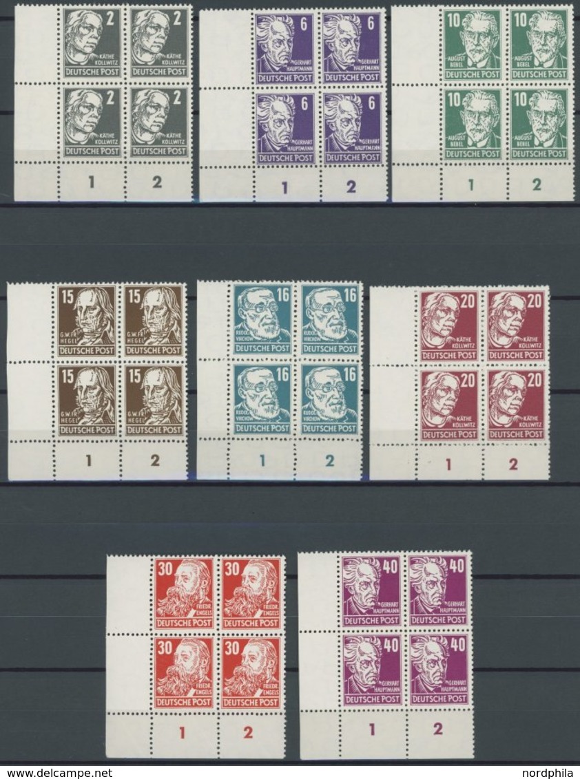 DDR VB **, 1952, Persönlichkeiten Mi.Nr. 327/8,330-33,335/6,338,339, 10 Eckrandviererblocks Je Aus Der Linken Unteren Bo - Usati