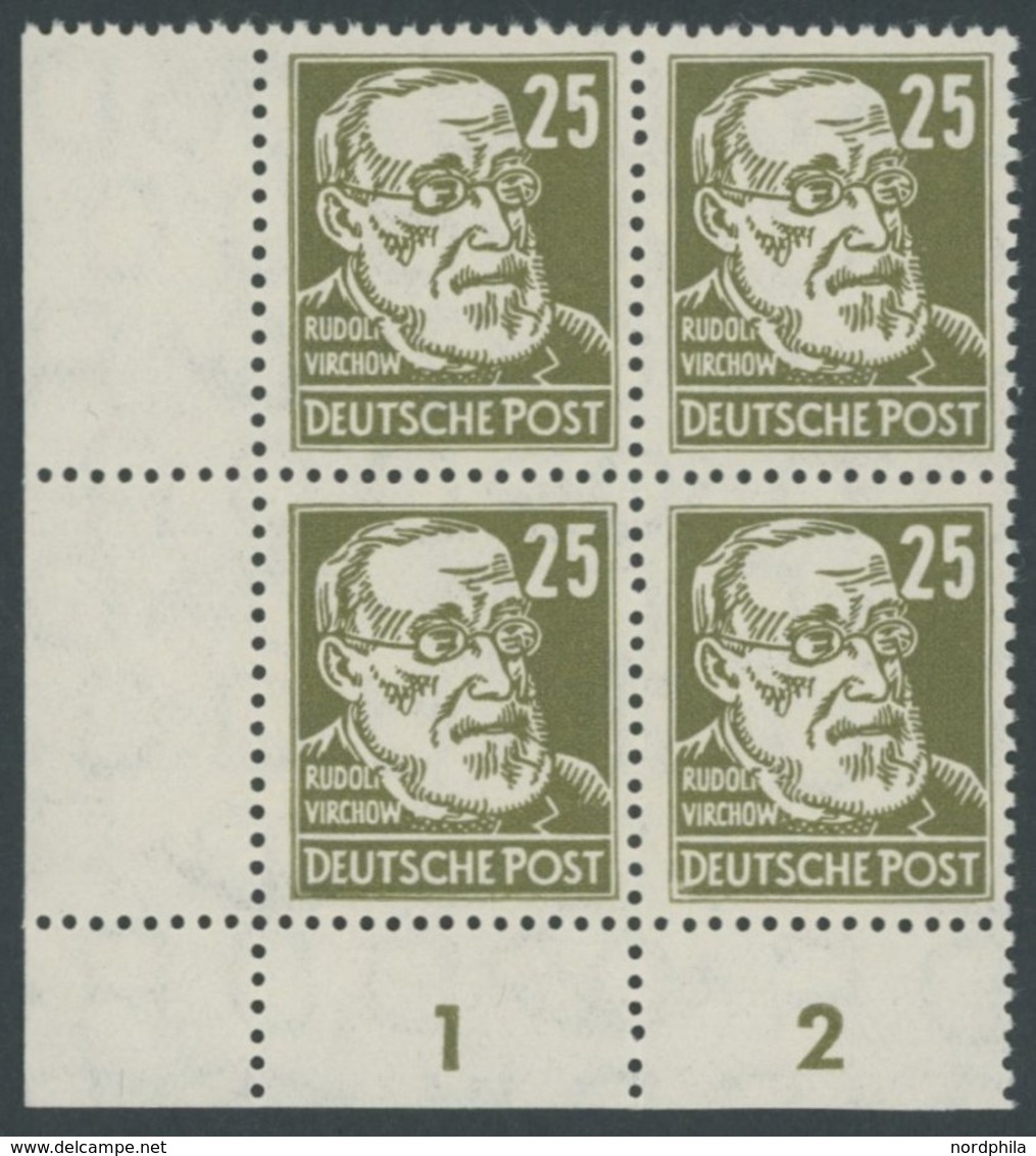 DDR 334z VB **, 1952, 25 Pf. Virchow, Gewöhnliches Papier, Im Linken Unteren Eckrandviererblock, Postfrisch, Pracht, Mi. - Gebruikt