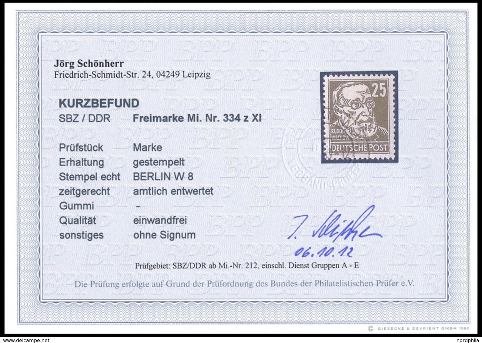 DDR 334zXI O, 1952, 25 Pf. Grauoliv Virchow, Wz. 2XI, Zeitgerecht Entwertet, Pracht, Kurzbefund Schönherr, Mi. 450.- - Used Stamps