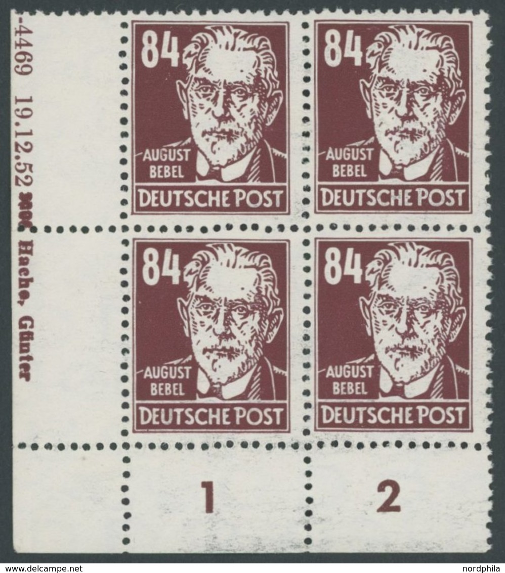 DDR 341vaXII VB **, 1953, 84 Pf. Bräunlichkarmin Bebel, Wz. 2XII, Linker Unterer Eckrandviererblock Mit Druckkontrollver - Gebruikt