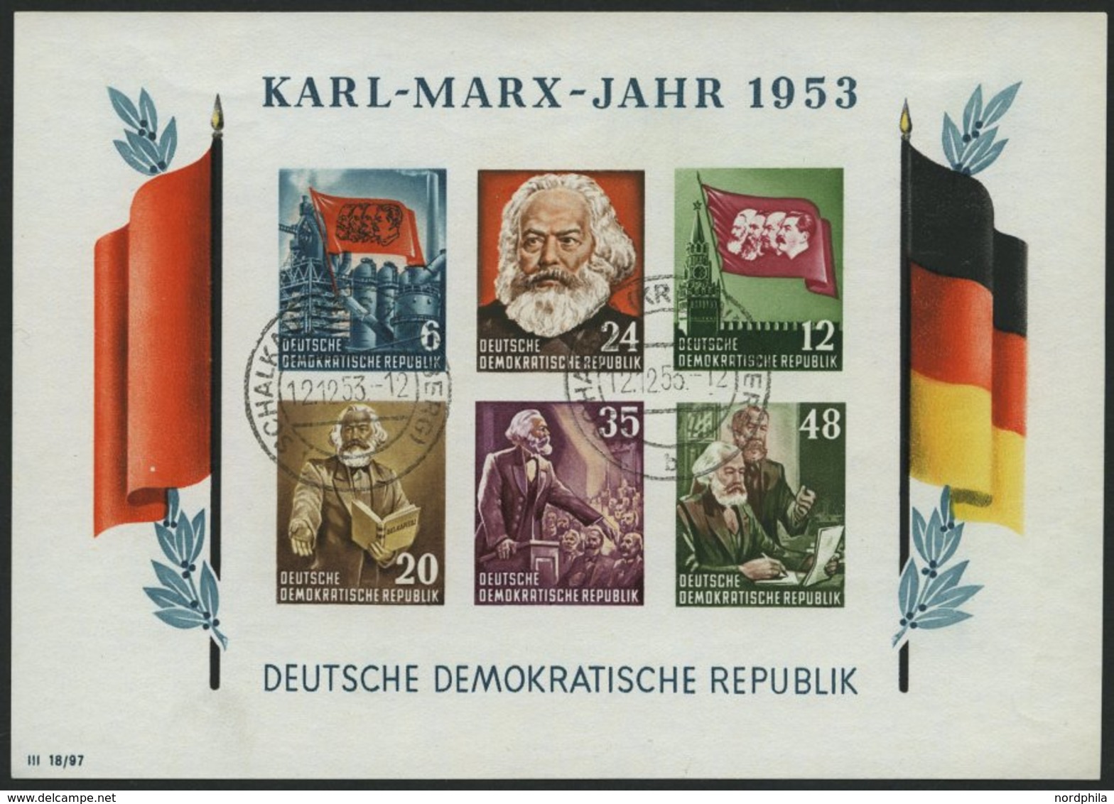 DDR Bl. 8BYI O, 1953, Marx-Block, Ungezähnt, Wz. 2YI, Pracht, Gepr. Schönherr, Mi. 220.- - Usati