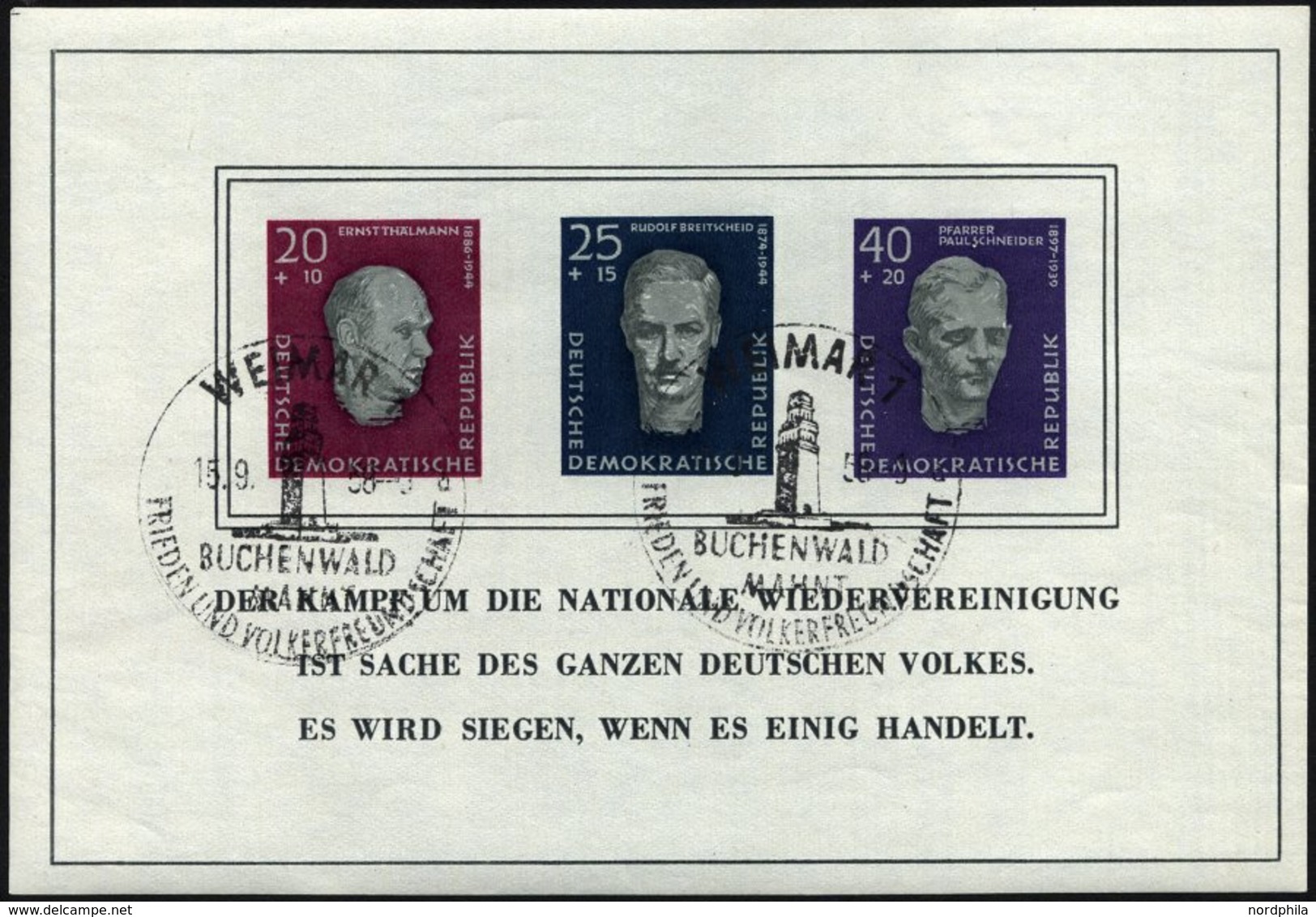 DDR Bl. 15 O, 1958, Block Buchenwald, Ersttags-Sonderstempel, Pracht, Mi. 130.- - Usados