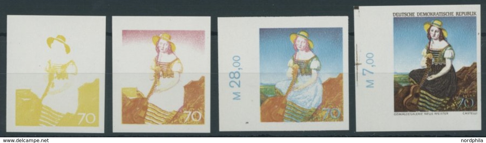 DDR 1398PH **, 1968, 70 Pf. Mädchen Mit Gitarre, 4 Verschiedene Ungezähnte Phasendrucke, Postfrisch, Pracht - Oblitérés