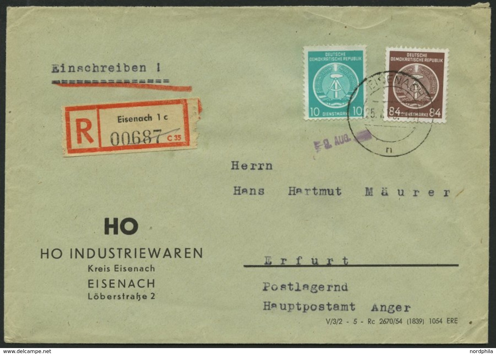 DIENSTMARKEN A D 4,17 BRIEF, 1955, 84 Pf. Lebhaftrötlichbraun Mit 10 Pf. Zusatzfrankatur Auf Einschreibbrief, Pracht - Altri & Non Classificati