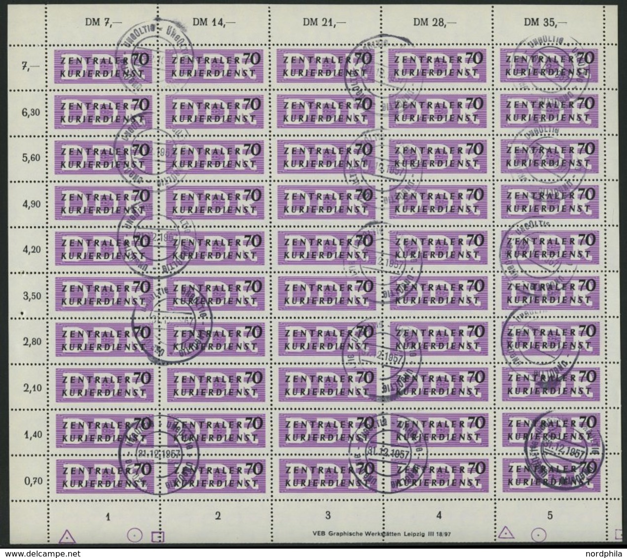 DIENSTMARKEN B D 9 O, 1956, 70 Pf. ZKD Im Vollständigen Bogen (50) Mit Druckvermerk Und Abart 9I, Stempel Ungültig, Prac - Other & Unclassified