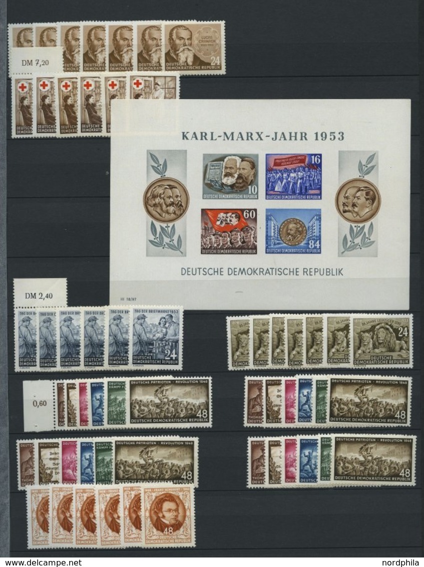 LOTS **, reichhaltige Dublettenpartie DDR von 1949 - 1956 mit einigen guten Werten, Sätzen und Blocks, Erhaltung feinst/