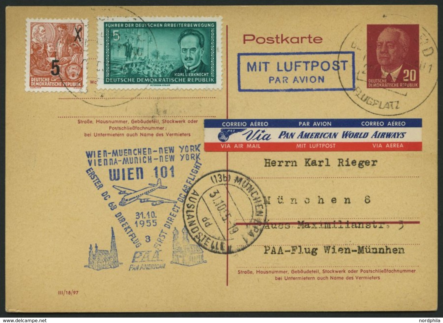 GANZSACHEN P 54 BRIEF, 1955, 20 Pf. Karmin Mit Zusatzfrankatur, PAA-Flug Wien-München, Pracht, Mi. 60.- - Otros & Sin Clasificación