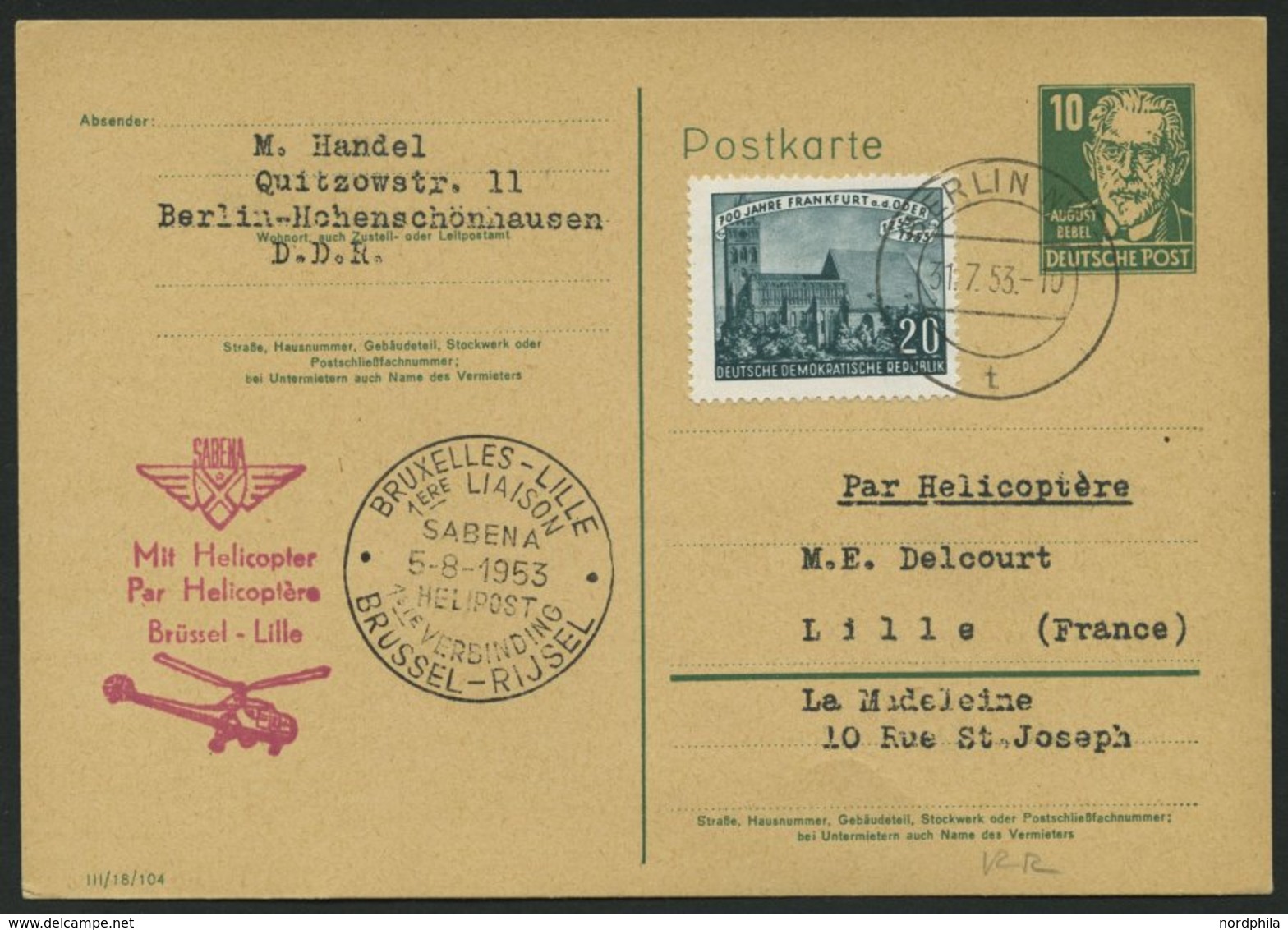 LUFTPOST 1949 - 1955 5.8.53, Mit Helicopter/Brüssel-Lille, 10 Pf. Ganzsachenkarte Mit Zusatzfrankatur Ab Berlin, Pracht - Otros & Sin Clasificación